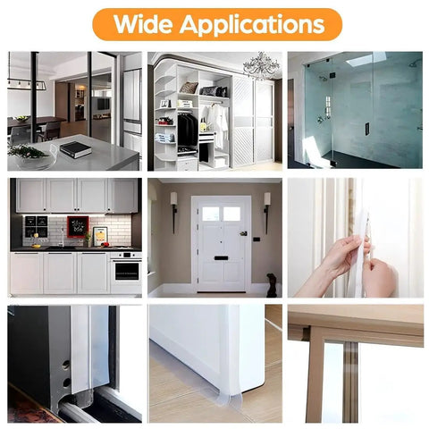 Collage showing 30 Ft Weather Stripping Door Seal Tape Silicone Self Adhesive Draft Stopper For Doors And Windows applications.