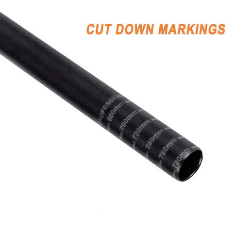 Cut down markings on the beefy aluminum 6061 Riser Handlebar for Mountain Bikes Trail Ready 780mm Wide, Hard Anodized Black
