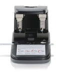 Heavy Duty Two Hole Punch With High Capacity For 100 Sheets Built Tough Metal Construction Wide Handle For Easy Storage Lock In Closed Position Black Finish Ideal For Busy Offices, front view showing components and instructions label.