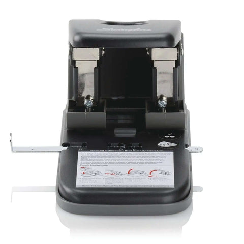 Heavy Duty Two Hole Punch With High Capacity For 100 Sheets Built Tough Metal Construction Wide Handle For Easy Storage Lock In Closed Position Black Finish Ideal For Busy Offices, front view showing components and instructions label.