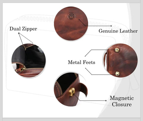 Leather Toiletry Bag For Men On The Go Grooming Travel Kit With Waterproof Lining Buffalo Leather Build showing zippers and closure