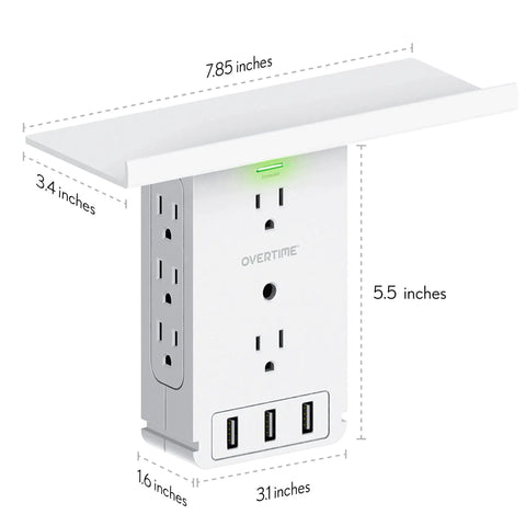 8 Outlet Wall Outlet Extender With 3 USB Ports And Built In Shelf Charging Station, Cable Organizer, dimensions labeled