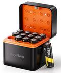 12 Pack Heavy Duty Rechargeable AA Lithium Batteries with Rapid Charger in black and orange charging case, showcasing batteries ready for use.