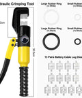 Beefy Hydraulic Crimping Tool Kit With 13 Dies, 10 Ton Battery Cable Crimper And Wire Rope Crimper For 12AWG To 2/0AWG, shown with crimper and dies.