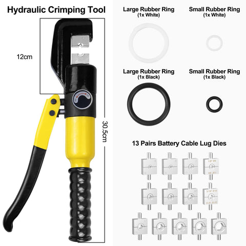 Beefy Hydraulic Crimping Tool Kit With 13 Dies, 10 Ton Battery Cable Crimper And Wire Rope Crimper For 12AWG To 2/0AWG, shown with crimper and dies.