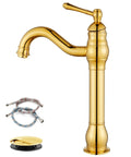 Polished gold Vessel Sink Faucet With 360 Degree Swivel Spout, Single Handle No-Fuss Tall Bathroom Mixer Tap and accessories.