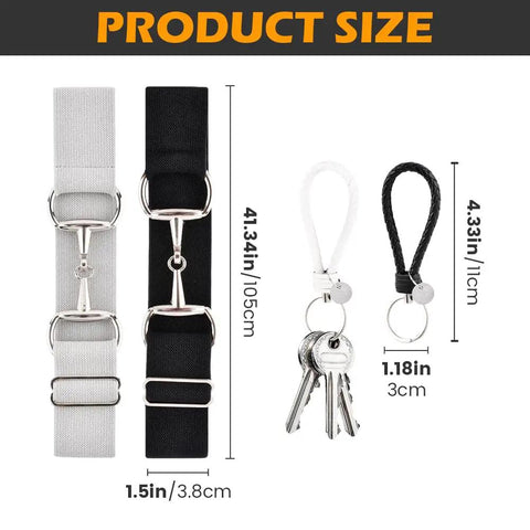 1.5 Inch Elastic Equestrian Belt With Bit Buckle And Leather Key Strap For Horse Riding Enthusiasts, product dimensions shown