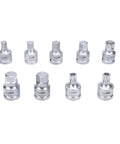 Heavy Duty Nine Piece Three Quarter Inch Drive Hex Spline Socket Set Forged From Premium Chrome Molybdenum Steel arranged in a row.