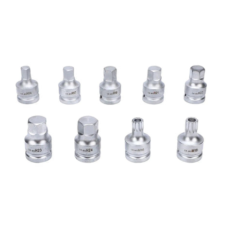 Heavy Duty Nine Piece Three Quarter Inch Drive Hex Spline Socket Set Forged From Premium Chrome Molybdenum Steel arranged in a row.