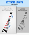 Diagram of integrated solar connector kit with 2 to 4 Y branch parallel PV adapter cable, color-coded wires, easy install.