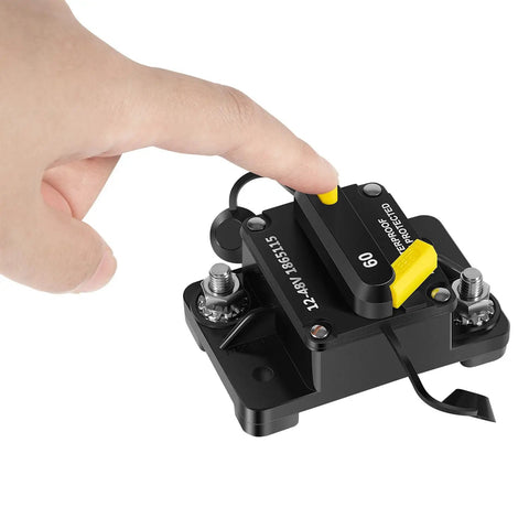 Close-up of 60 Amp Waterproof Circuit Breaker For All 12V To 48V Electric Trolling Motors MKR-27 Replacement Part with manual reset