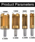 Pro Grade Titanium Plated Wood Plug Cutter Drill Bit Set showing 4 bits sized 6mm to 16mm for smooth counterbore finishing.