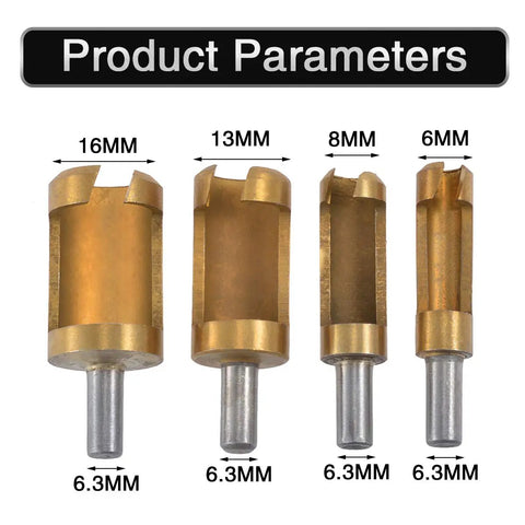 Pro Grade Titanium Plated Wood Plug Cutter Drill Bit Set showing 4 bits sized 6mm to 16mm for smooth counterbore finishing.