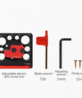 Top Shelf Adjustable Dowel Maker Jig Kit Featuring Slick Anodized Aluminum Build And Razor Sharp Carbide Blades with tools and screws.