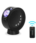 Lit Galaxy Sky Projector Light With Nebula Stars And Full Moon, remote control, black round design with base