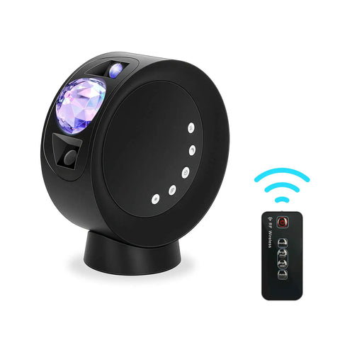 Lit Galaxy Sky Projector Light With Nebula Stars And Full Moon, remote control, black round design with base