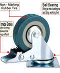 Heavy Duty Swivel Caster Wheels Four Pack With Rock Solid Metal Housing And High Temp Nylon Treads For Carts And Workbenches 2 Inch 360 Rotation 800 Lb Capacity Built To Take A Beating Smooth Ride Guaranteed showing rubber tire and steel brake.