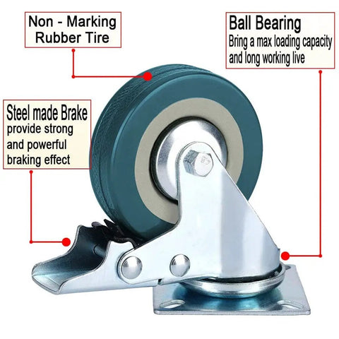 Heavy Duty Swivel Caster Wheels Four Pack With Rock Solid Metal Housing And High Temp Nylon Treads For Carts And Workbenches 2 Inch 360 Rotation 800 Lb Capacity Built To Take A Beating Smooth Ride Guaranteed showing rubber tire and steel brake.
