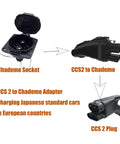 CCS2 To ChadeMo EV Charging Adapter 200A DC Fast Charge Connector for universal electric cars shown from multiple angles.