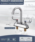 Phivan 4" Deck Mount Brass Kitchen Sink Faucet, 3-1/2" Gooseneck Spout showcasing dimensions and installation measurements.