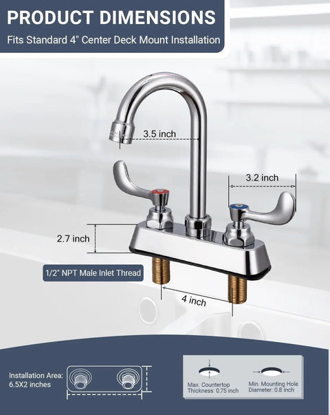 Phivan 4" Deck Mount Brass Kitchen Sink Faucet, 3-1/2" Gooseneck Spout showcasing dimensions and installation measurements.