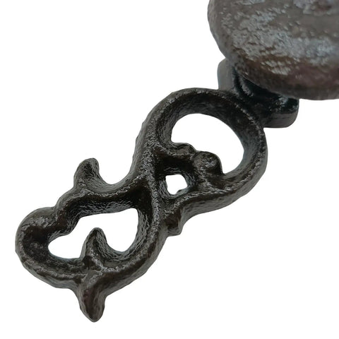 Close-up of decorative end on 4 Pack Black Cast Iron Drawer Pulls Beefy Heavy Duty Five Point Three Inch Long Rustic Vintage Cabinet Knobs