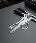 Adjustable Auto Body Sheet Metal Clamp Tool with wide flat duckbill jaws heavy duty steel pliers on black surface