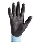 Front view of a black Cut-Resistant Polyurethane Palm Knit Work Glove, Helix Core 3020, Medium, touchscreen compatible, 15-gauge material.