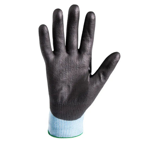 Front view of a black Cut-Resistant Polyurethane Palm Knit Work Glove, Helix Core 3020, Medium, touchscreen compatible, 15-gauge material.