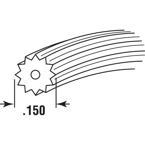 Diagram of Screen Spline Retainer 0.150 Inch Vinyl Roll Black 250 Feet Long showing serrated hollow core design for DIY window frames.