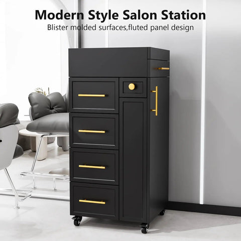 Salon Trolley Cart With Five Drawers, Three Tool Holders And Adjustable Shelf, Mobile Storage Cabinet For Barber, Beauty Spa Or Home Use, Black Finish