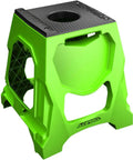Green bike stand with metal construction for home maintenance, upright support for mountain and road bikes, portable and durable.