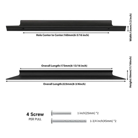 10 Pack Black Cabinet Handles 6-1/4 Inch Long Modern Drawer Pulls for Cabinets with dimensions and screws shown