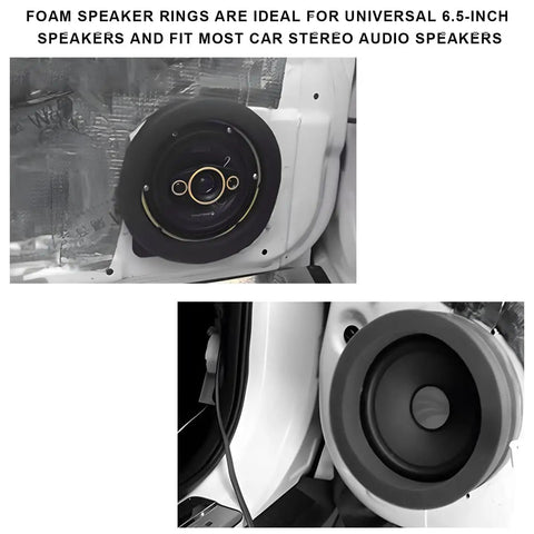 2 Pack 6.5 Inch Car Speaker Foam Seals Slick Self Adhesive Damping Rings around car audio speakers installed in vehicle door.