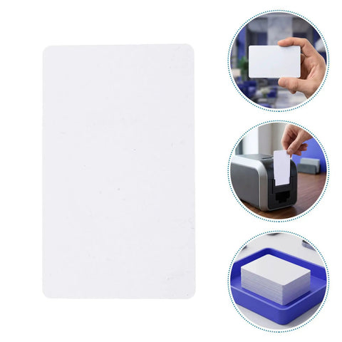 Heavy Duty 50 Piece Set Blank White Pvc Id Cards Dual Sided Printable With Smart Chip Access displayed with a printer.