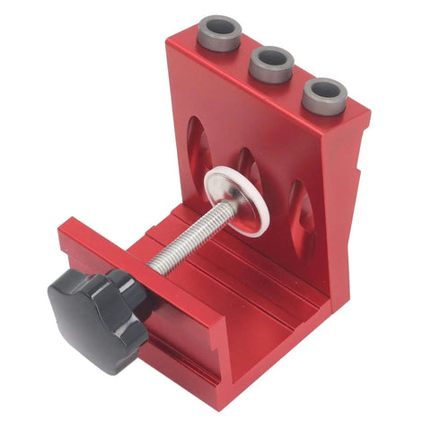 Close-up of Heavy Duty Pocket Hole Jig Kit With Three Precision Drill Bits Adjustable Woodworking Guide, anodized aluminum material.