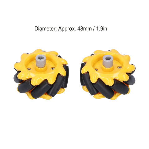 Two yellow and black 48mm mecanum wheels with gray hubs