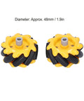 Two 48mm Mecanum wheels for toy robot car, yellow centers with black rollers and grey hubs (front view)