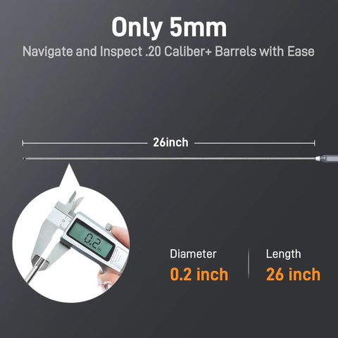 26 Inch Rigid Rifle Borescope For Precision Barrel Check And Cleaning With Laser Etched Depth Marks And Rubber Positioning Ring Keeps Probe Locked On The Exact Spot During Cleaning, 0.2 inch diameter, 26 inch length