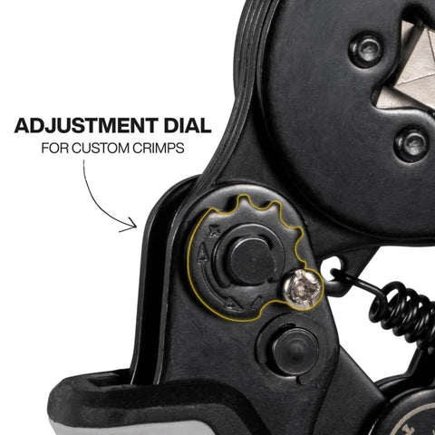 Close-up of adjustment dial on Ferrule Crimping Tool With Built In Ratchet For 10 To 22 AWG Wire Terminals, Square Die Crimps for 360 Degree Connections