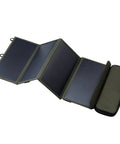 Portable Solar Panel With Foldable 4 Panel Design, 28W Charging Power, shown unfolded with ripstop nylon and USB ports.