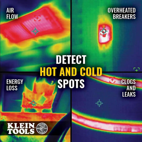 Thermal images showing air flow, overheated breakers, energy loss, and clogs detected by a thermal imaging camera.