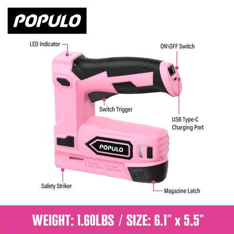 Pink Cordless 4V Electric Staple Gun 2 In 1 Stapler And Brad Nailer USB C Rechargeable with labeled features