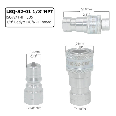 LSQ-S2-01 hydraulic quick-connect coupling, 1/8 in NPT, ISO 7241-B, with dust caps