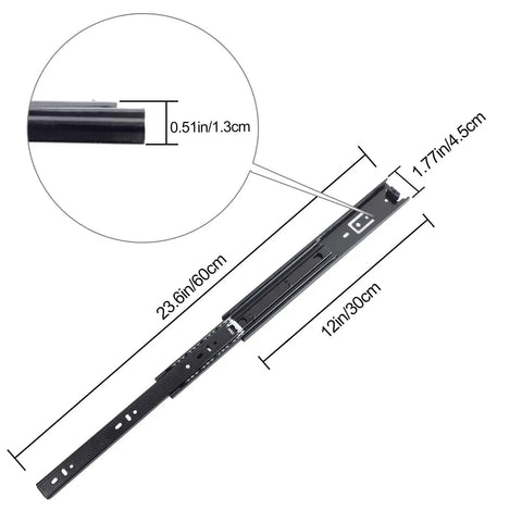 Two Pack 12 Inch Full Extension Ball Bearing Drawer Slides Heavy Duty Side Mount Cabinet Rails Black with measurements