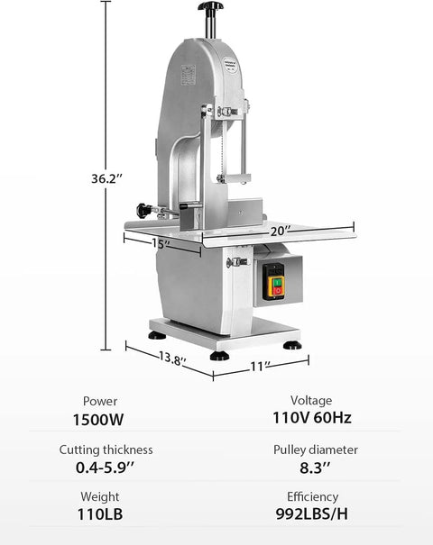 Heavy Duty 1500W Electric Bone Saw with a spacious 20x15 inch table, designed for safely cutting frozen meat blocks.