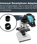 NexYZ DX Universal Smartphone Adapter For Telescopes, Binoculars And Spotting Scopes attached to a microscope, adapter rings shown