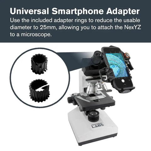 NexYZ DX Universal Smartphone Adapter For Telescopes, Binoculars And Spotting Scopes attached to a microscope, adapter rings shown