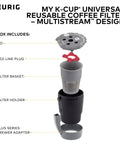 Exploded view of My K Cup Reusable Filter With MultiStream Technology for Ground Coffee, featuring parts and assembly.