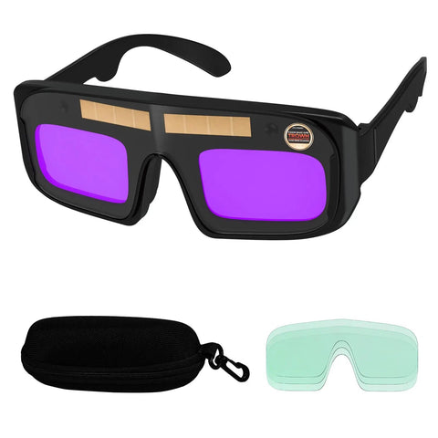 Auto Darkening Welding Glasses With True Color Lens, black PC ABS frame, purple lens, with case and extra lens